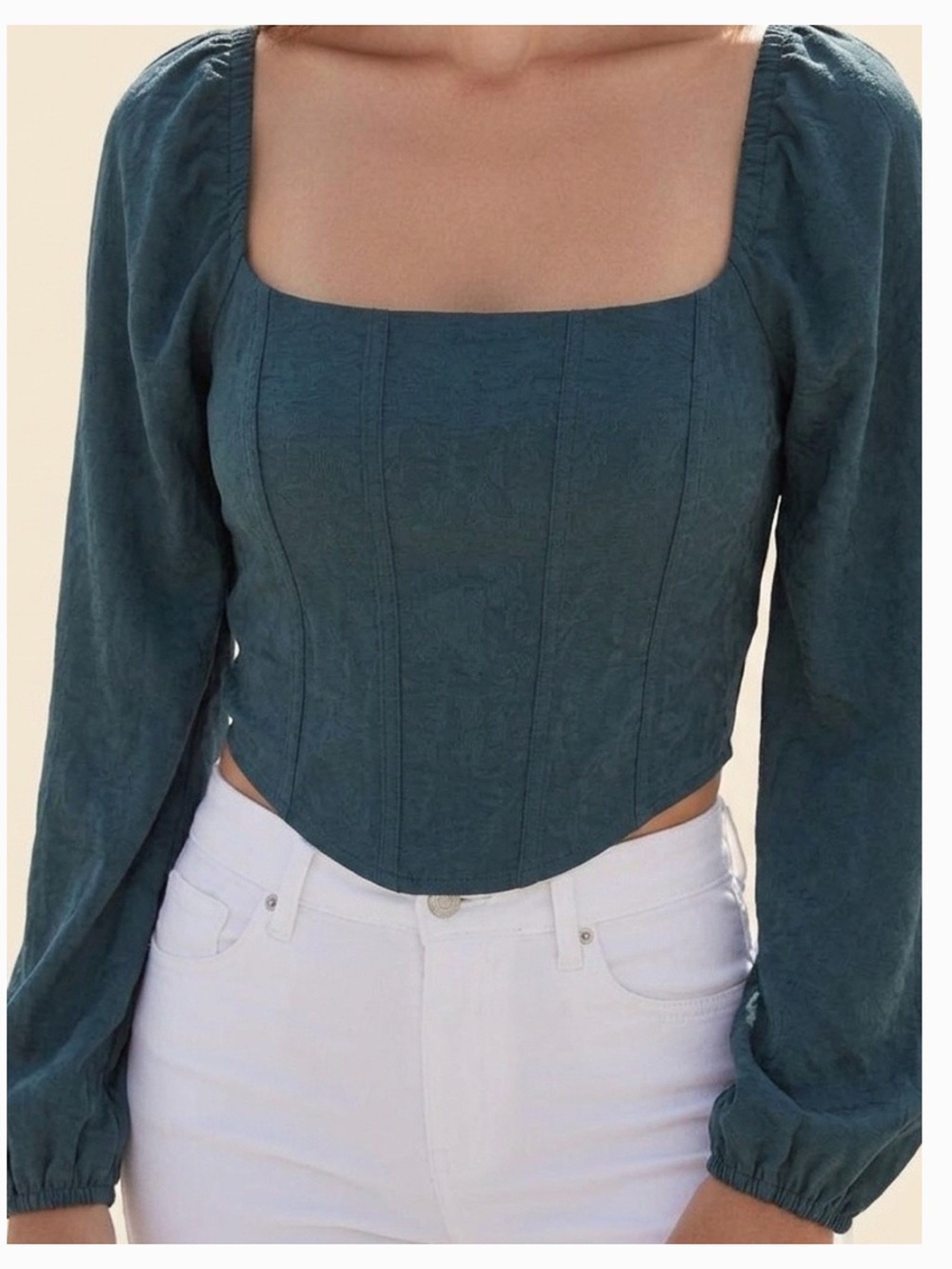 Forest Green Square-Neck Puffed Long Sleeve Crop Top